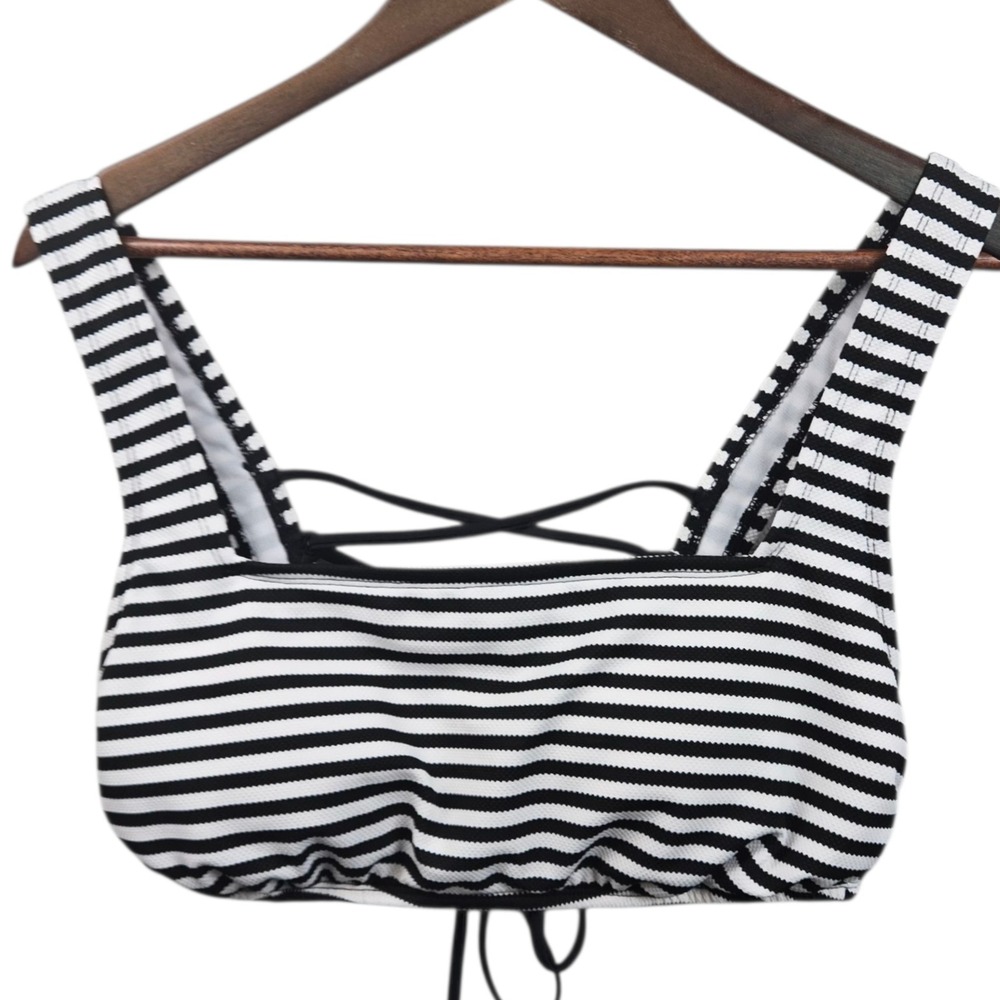 Shade & Shore Black White Stripe Lace Up Back Bralette Swim‎ Top Bikini Size L